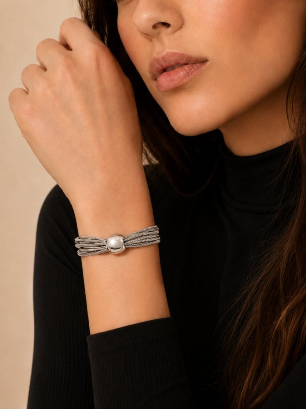 ✨ Silver-Tone Multi-Strand Chain Bracelet Sculptural Ball Statement